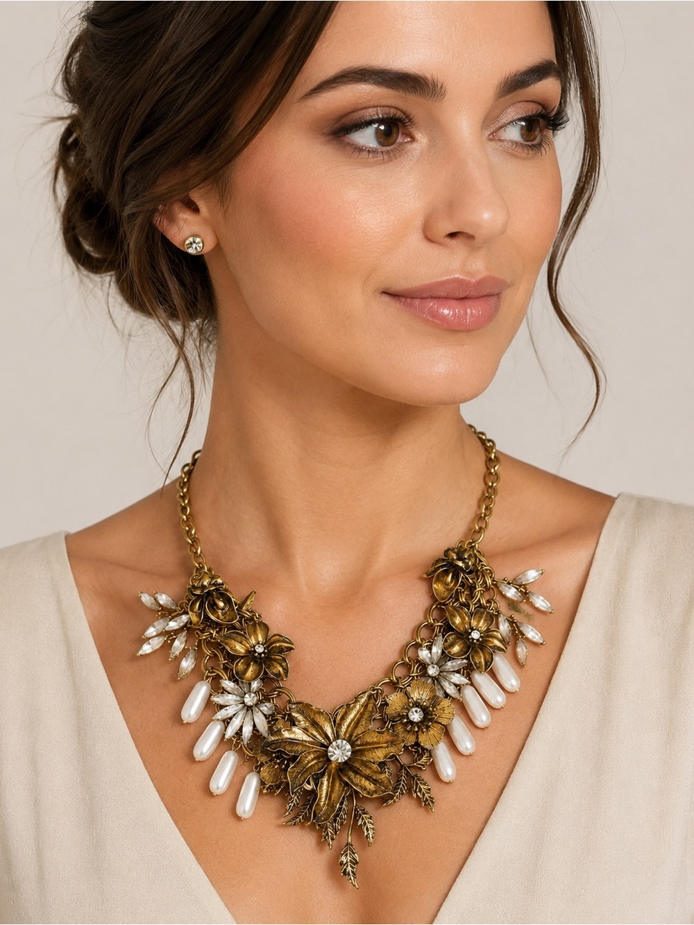 Antique Gold Floral Statement Necklace & Crystal Stud Earring Set